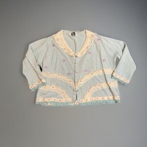 Storybook Knits Pastel Blue Embroidered Lace Trim Sweater 2X Cottagecore